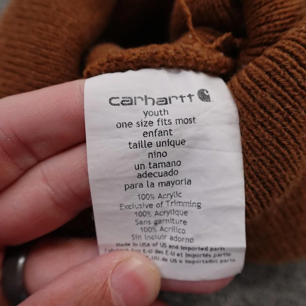 Carhartt Hat Beanie Cuffed Knit Youth One Size Brown Logo Winter Workwear Boys